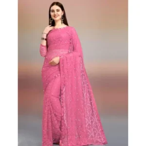 Generic Women's Net Self Design Saree With Unstitched Blouse 5.5Mtr (Dark Pink)