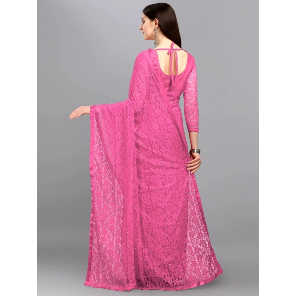 Generic Women's Net Self Design Saree With Unstitched Blouse 5.5Mtr (Dark Pink) - Image 2