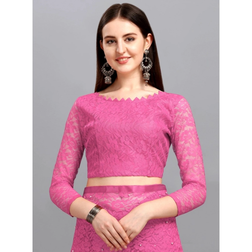 Generic Women's Net Self Design Saree With Unstitched Blouse 5.5Mtr (Dark Pink) - Image 3