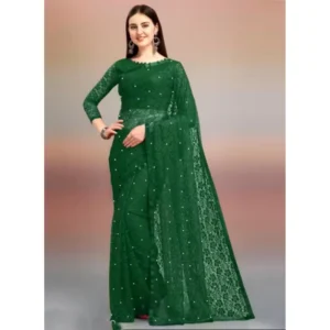 Generic Women's Net Self Design Saree With Unstitched Blouse 5.5Mtr (Green)
