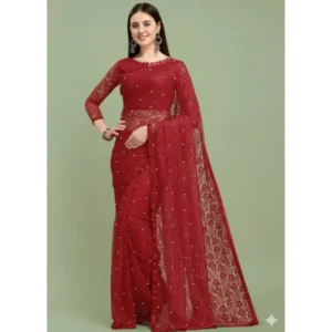 Generic Women's Net Self Design Saree With Unstitched Blouse 5.5Mtr (Maroon)