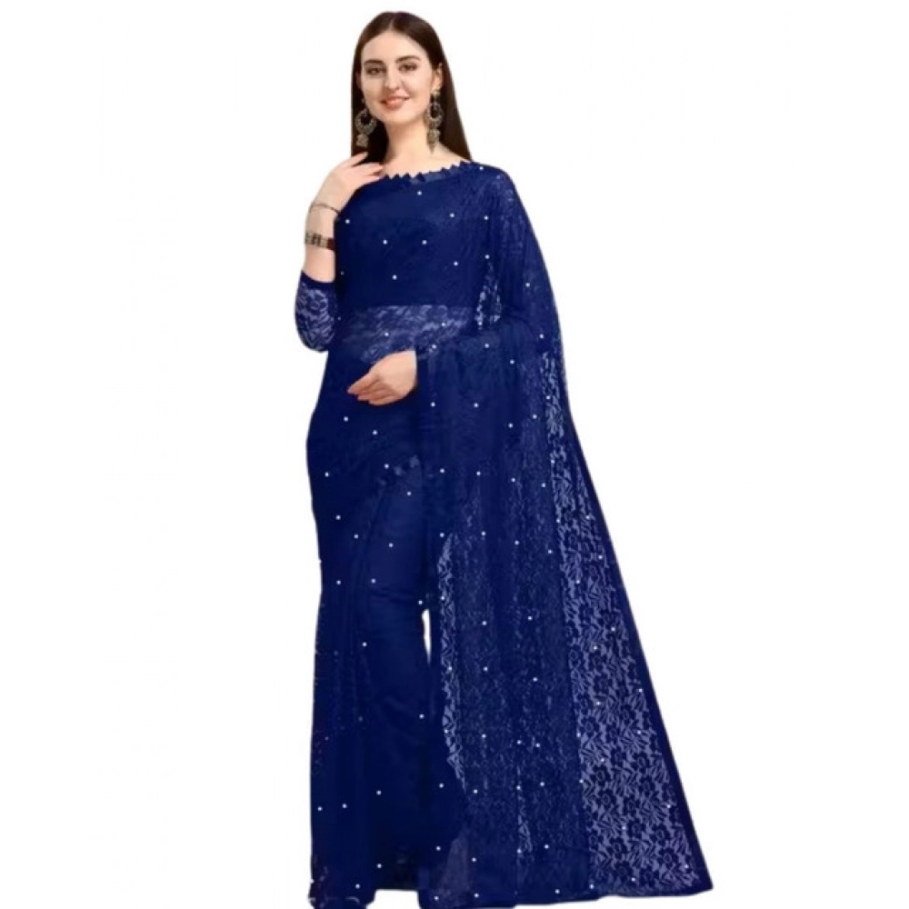 Generic Women's Net Self Design Saree With Unstitched Blouse 5.5Mtr (Navy Blue) - Image 4