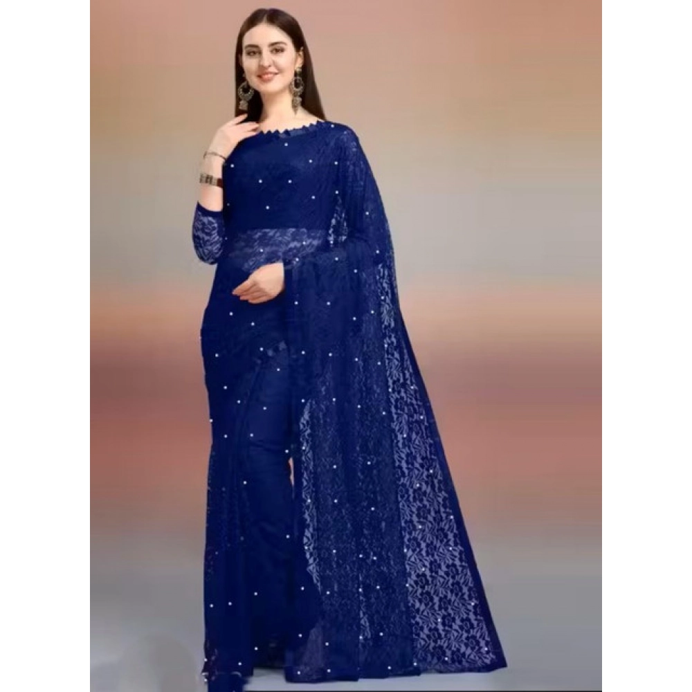 Generic Women's Net Self Design Saree With Unstitched Blouse 5.5Mtr (Navy Blue)
