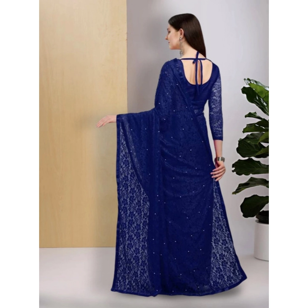 Generic Women's Net Self Design Saree With Unstitched Blouse 5.5Mtr (Navy Blue) - Image 2