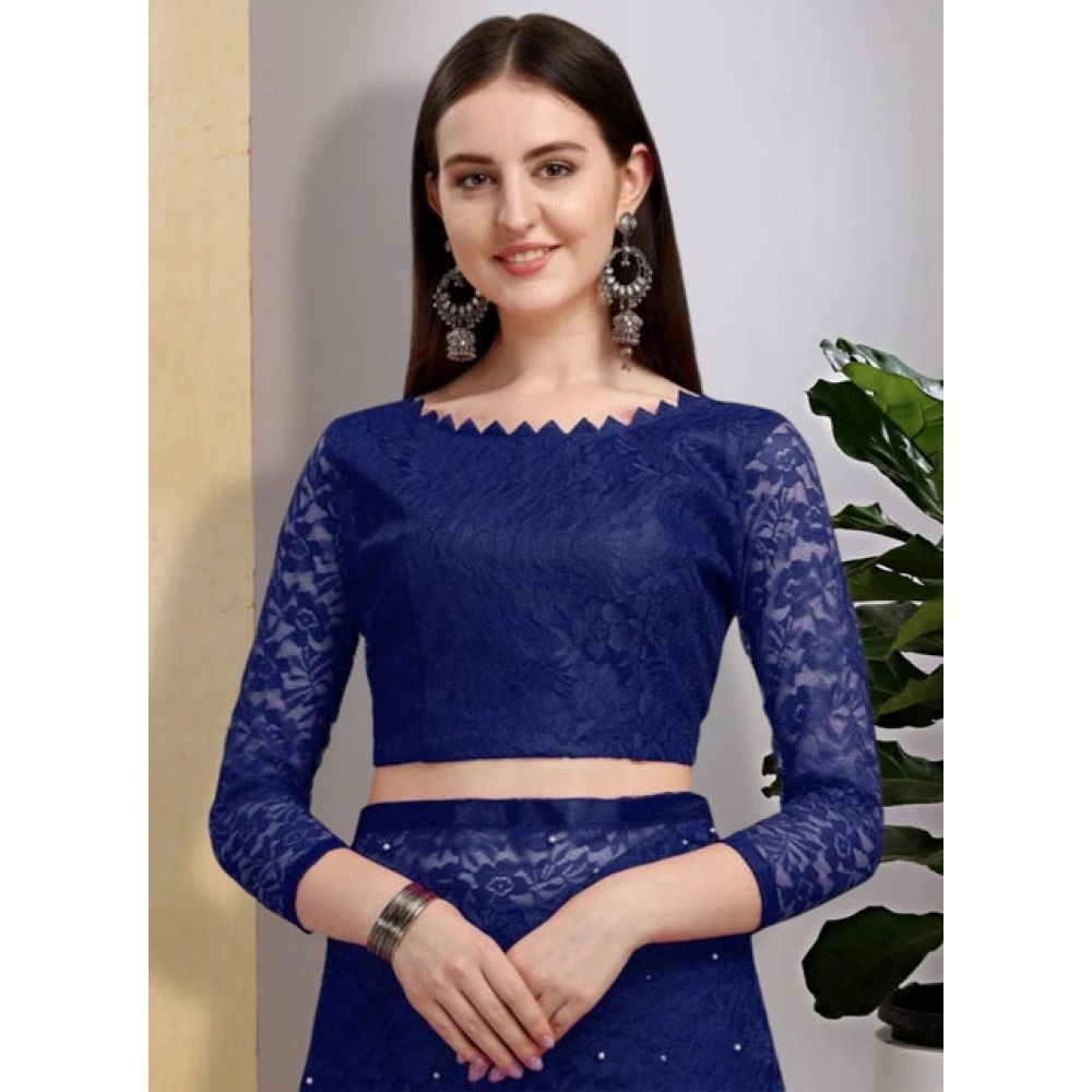 Generic Women's Net Self Design Saree With Unstitched Blouse 5.5Mtr (Navy Blue) - Image 3