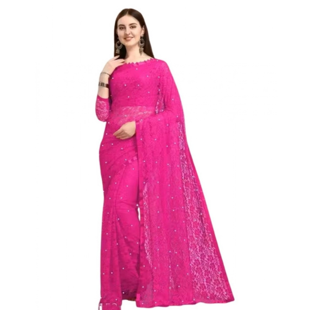 Generic Women's Net Self Design Saree With Unstitched Blouse 5.5Mtr (Rani) - Image 4