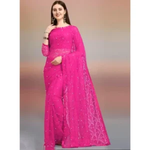 Generic Women's Net Self Design Saree With Unstitched Blouse 5.5Mtr (Rani)