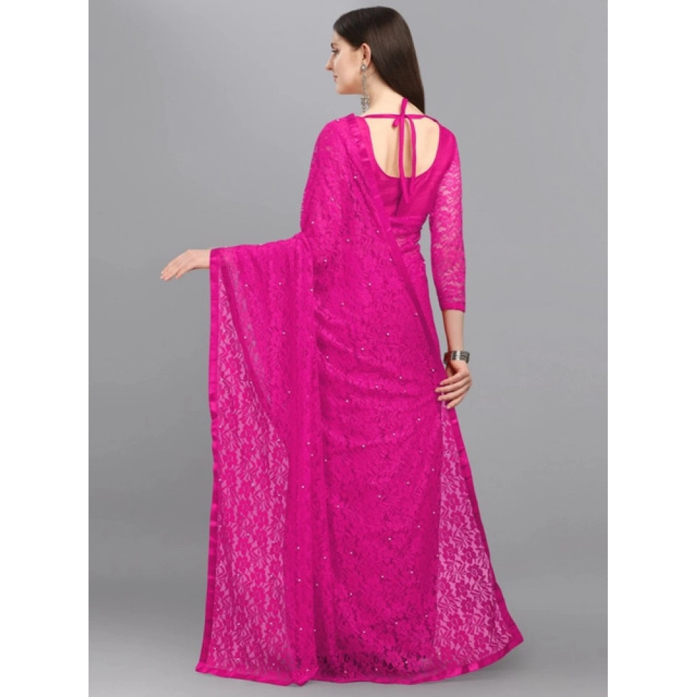 Generic Women's Net Self Design Saree With Unstitched Blouse 5.5Mtr (Rani) - Image 2