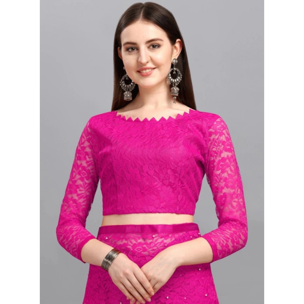 Generic Women's Net Self Design Saree With Unstitched Blouse 5.5Mtr (Rani) - Image 3