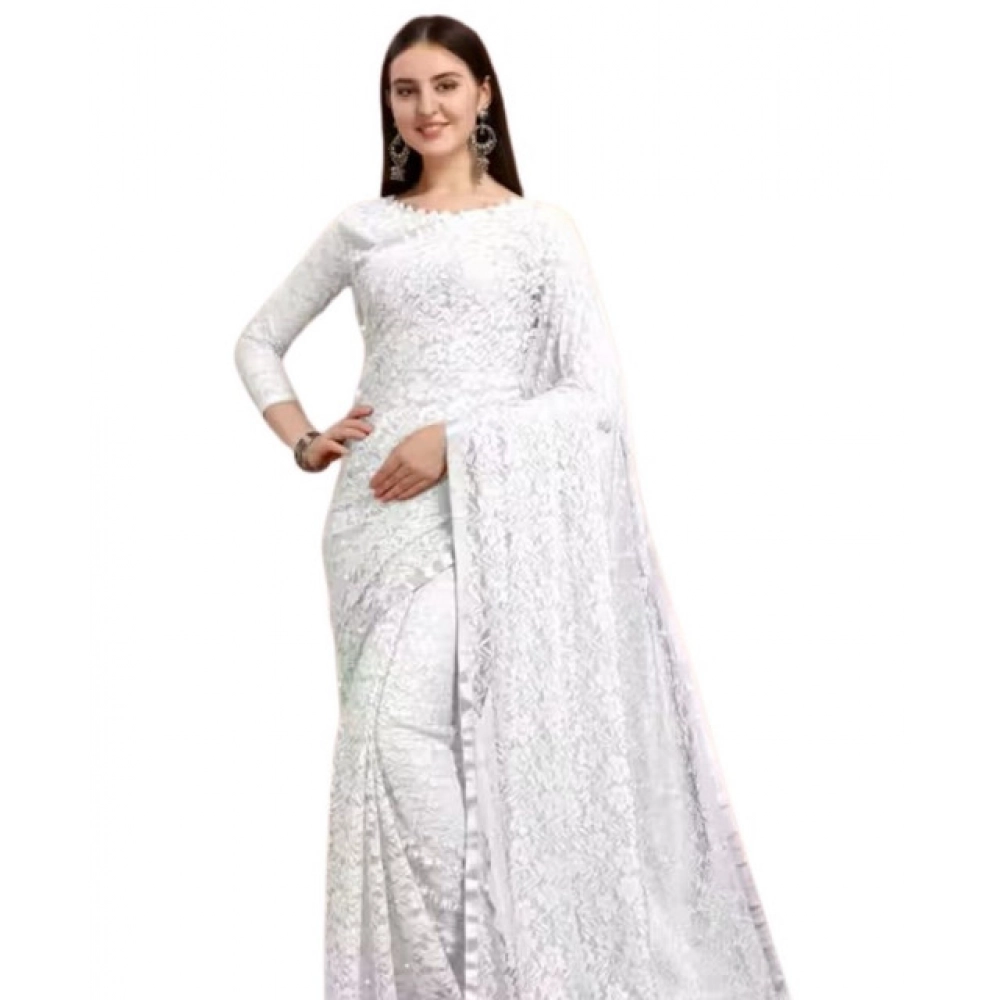 Generic Women's Net Self Design Saree With Unstitched Blouse 5.5Mtr (White) - Image 4