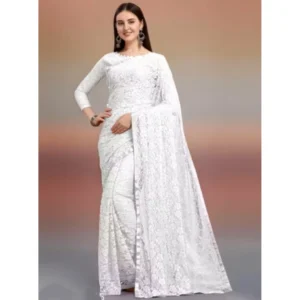 Generic Women's Net Self Design Saree With Unstitched Blouse 5.5Mtr (White)