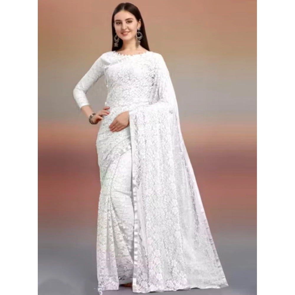 Generic Women's Net Self Design Saree With Unstitched Blouse 5.5Mtr (White)