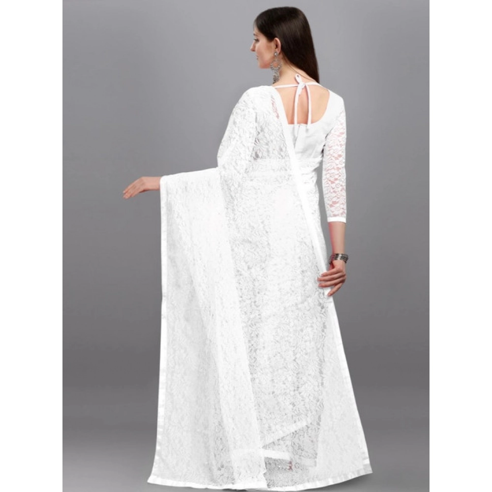 Generic Women's Net Self Design Saree With Unstitched Blouse 5.5Mtr (White) - Image 2