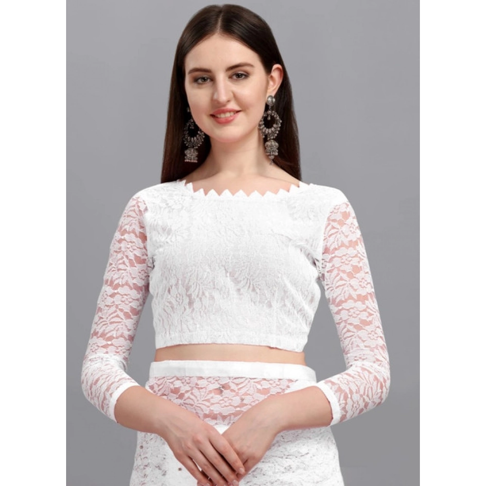 Generic Women's Net Self Design Saree With Unstitched Blouse 5.5Mtr (White) - Image 3