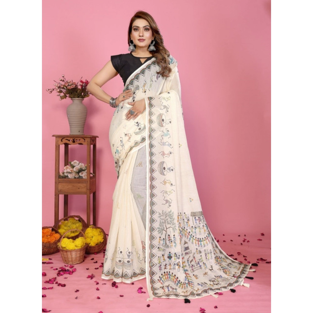 Generic Women's Linen Cotton Printed Saree With Unstitched Blouse 5.5Mtr (Off White) - Image 3