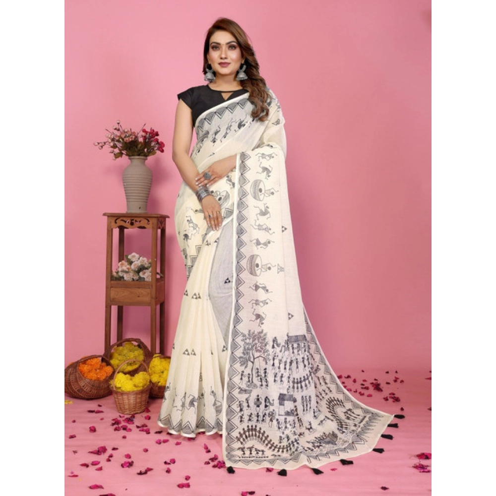 Generic Women's Linen Cotton Printed Saree With Unstitched Blouse 5.5Mtr (Off White) - Image 4