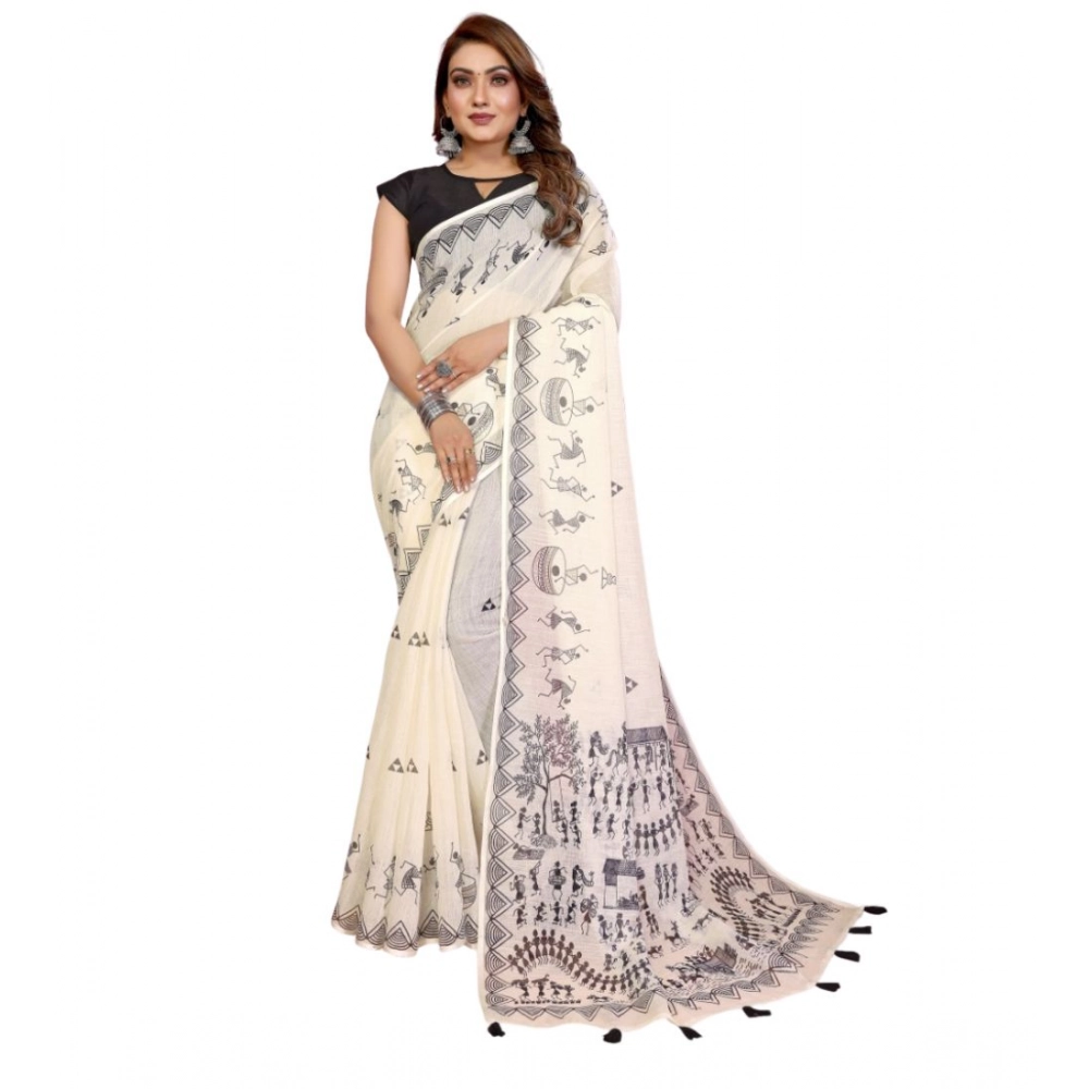 Generic Women's Linen Cotton Printed Saree With Unstitched Blouse 5.5Mtr (Off White) - Image 5