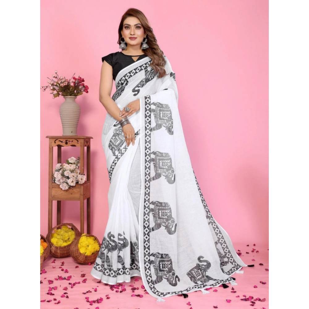 Generic Women's Linen Cotton Printed Saree With Unstitched Blouse 5.5Mtr (White) - Image 2