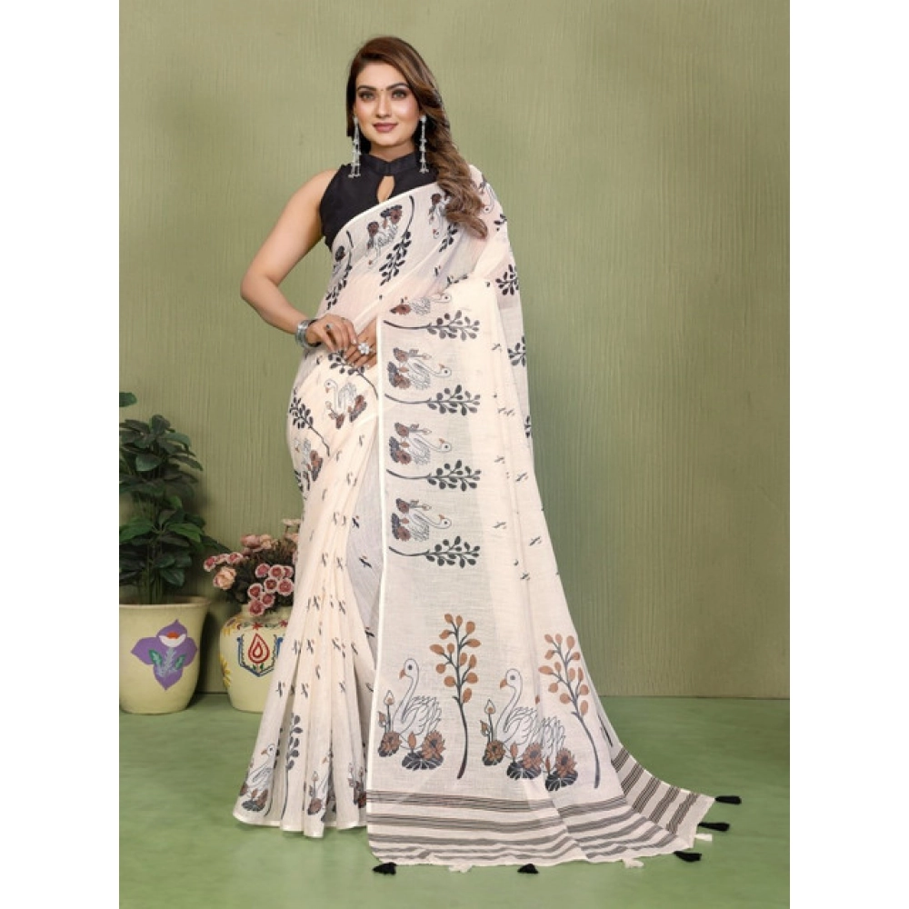 Generic Women's Linen Cotton Printed Saree With Unstitched Blouse 5.5Mtr (Off White) - Image 2