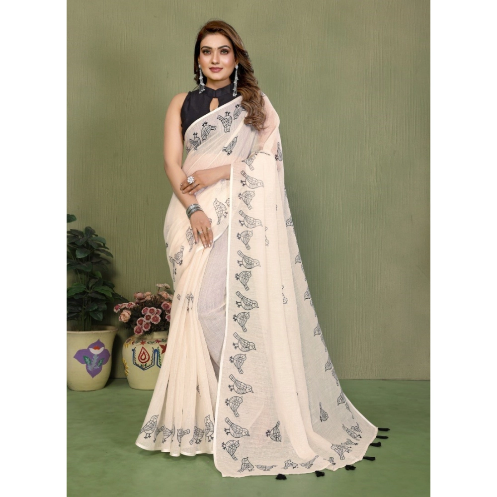 Generic Women's Linen Cotton Printed Saree With Unstitched Blouse 5.5Mtr (Off White) - Image 3