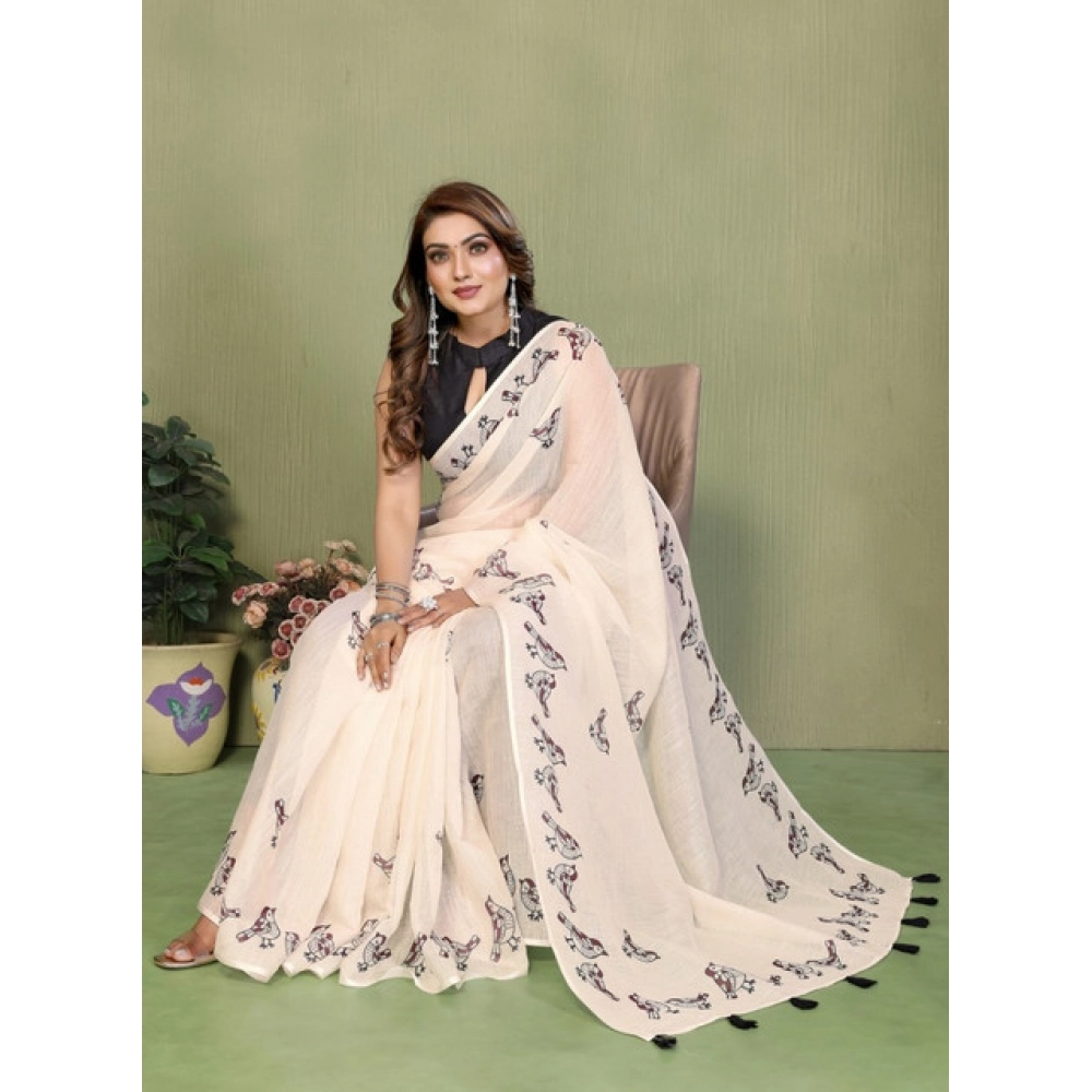 Generic Women's Linen Cotton Printed Saree With Unstitched Blouse 5.5Mtr (Off White) - Image 3