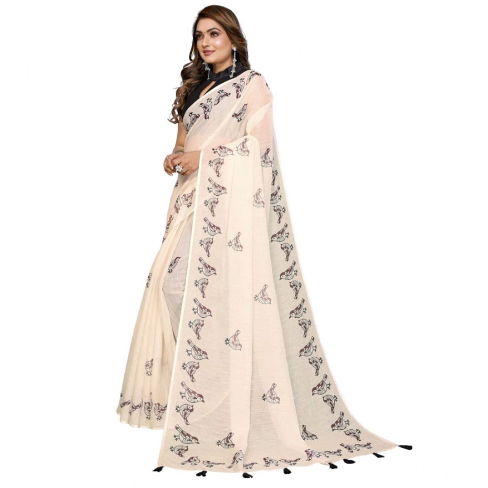 Generic Women's Linen Cotton Printed Saree With Unstitched Blouse 5.5Mtr (Off White) - Image 5