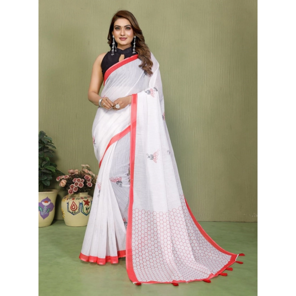 Generic Women's Linen Cotton Printed Saree With Unstitched Blouse 5.5Mtr (White) - Image 4