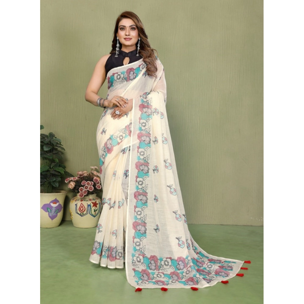 Generic Women's Linen Cotton Printed Saree With Unstitched Blouse 5.5Mtr (Off White) - Image 5