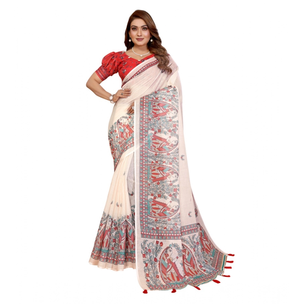 Generic Women's Linen Cotton Printed Saree With Unstitched Blouse 5.5Mtr (Off White) - Image 6