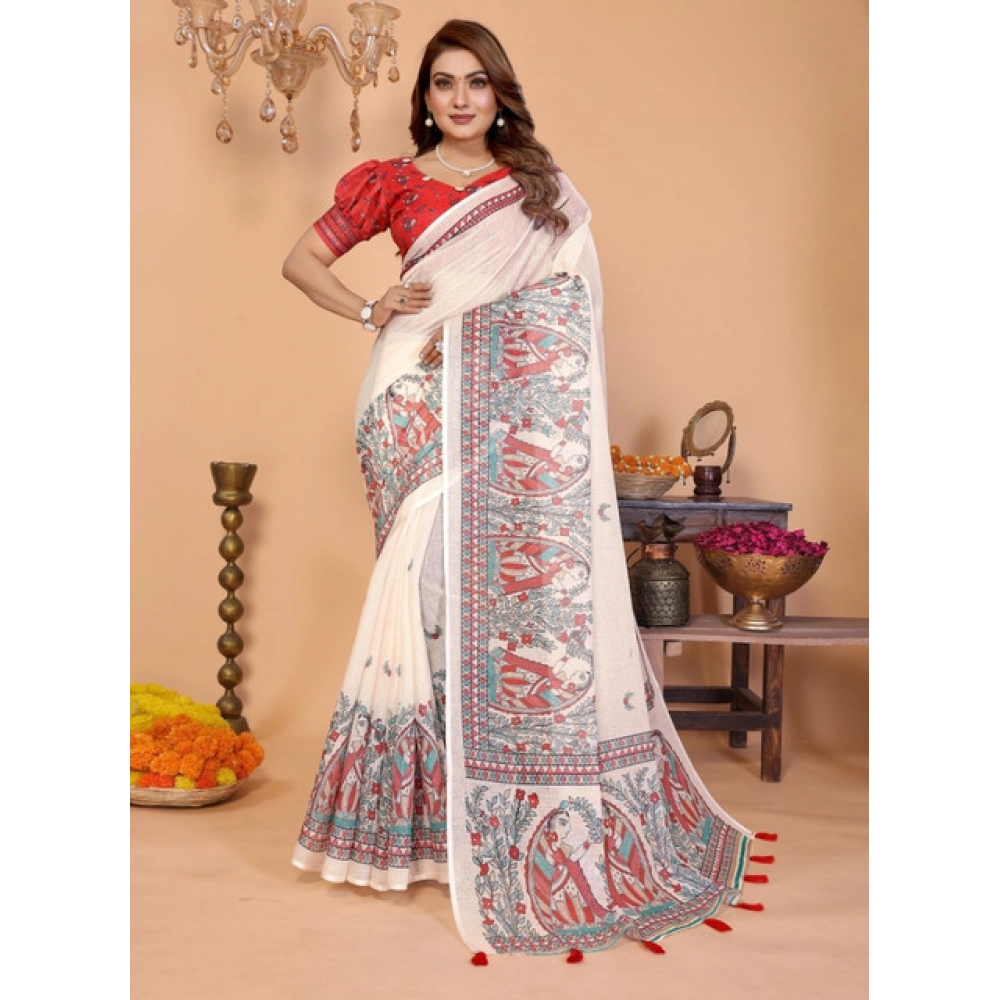 Generic Women's Linen Cotton Printed Saree With Unstitched Blouse 5.5Mtr (Off White) - Image 2