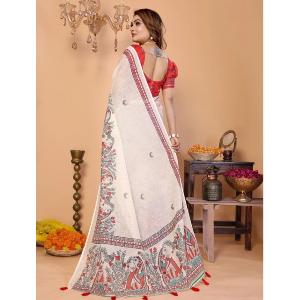 Generic Women's Linen Cotton Printed Saree With Unstitched Blouse 5.5Mtr (Off White) - Image 5