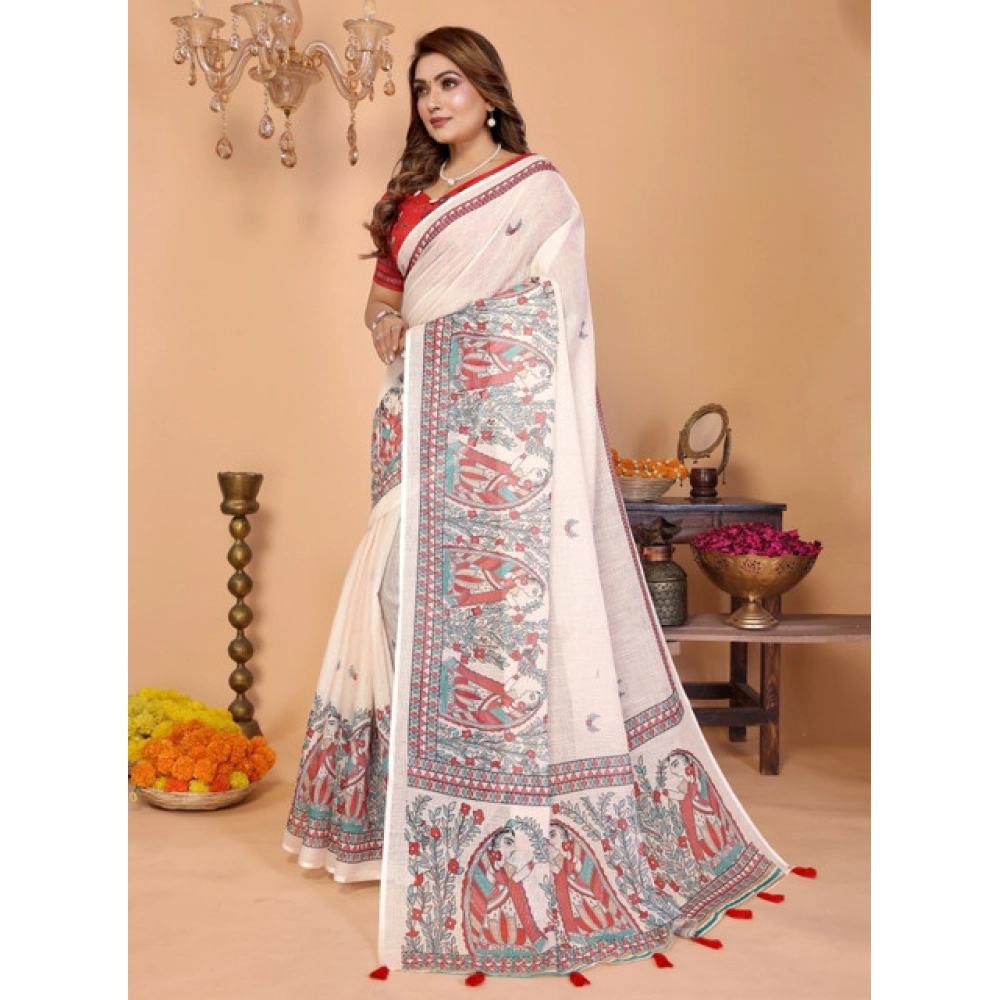 Generic Women's Linen Cotton Printed Saree With Unstitched Blouse 5.5Mtr (Off White) - Image 4