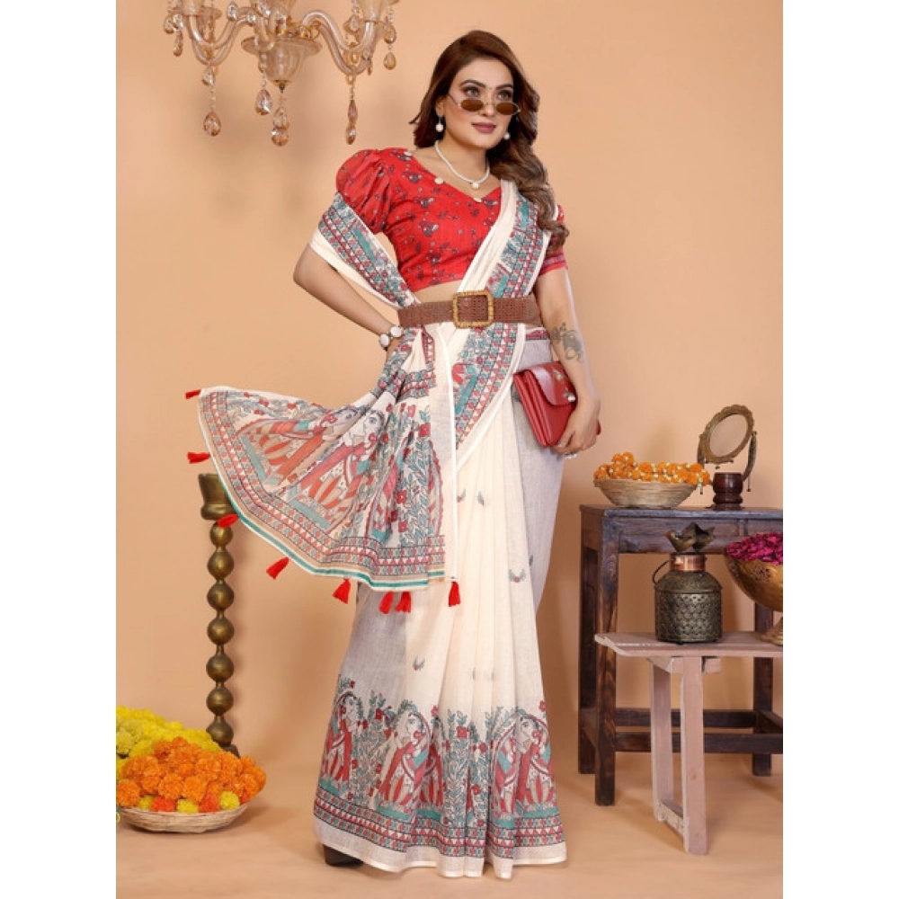 Generic Women's Linen Cotton Printed Saree With Unstitched Blouse 5.5Mtr (Off White) - Image 3