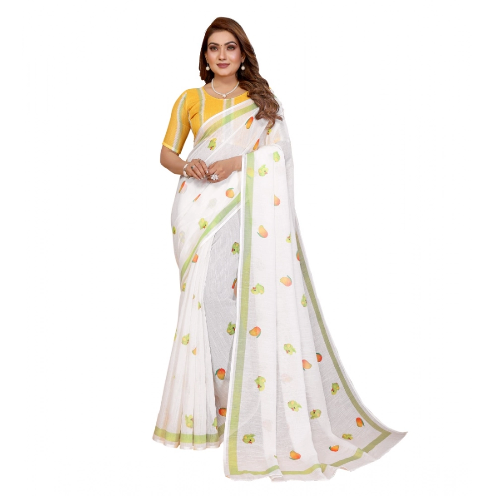 Generic Women's Linen Cotton Printed Saree With Unstitched Blouse 5.5Mtr (White) - Image 6