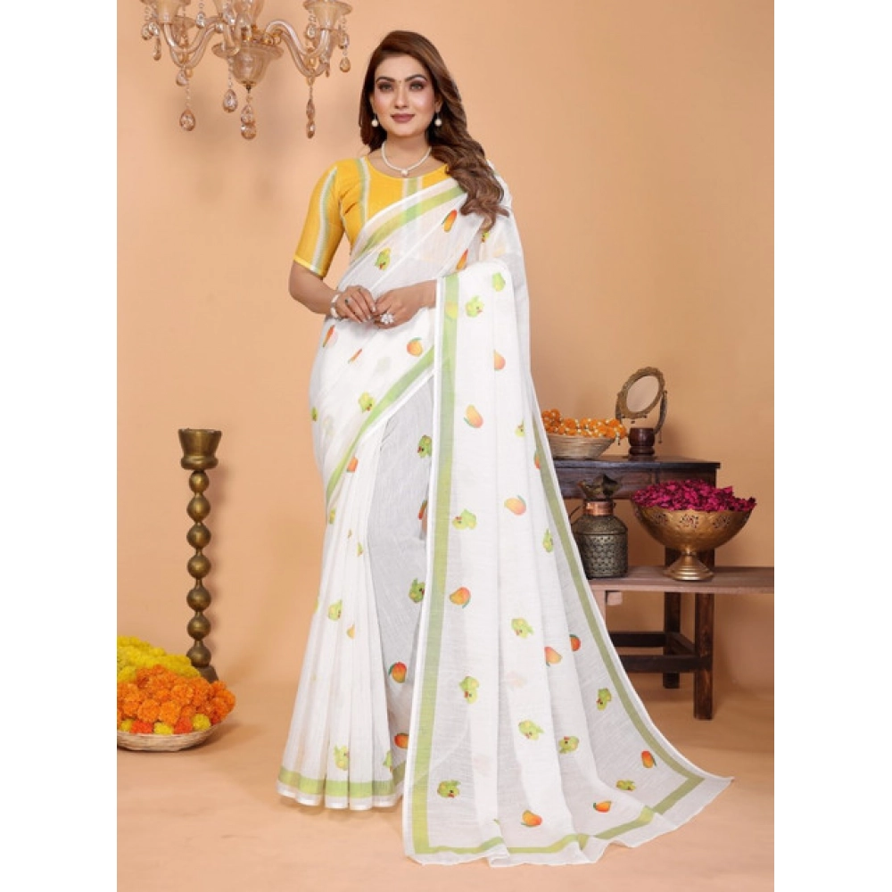 Generic Women's Linen Cotton Printed Saree With Unstitched Blouse 5.5Mtr (White) - Image 2
