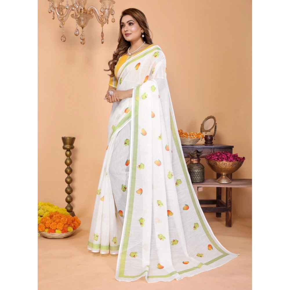 Generic Women's Linen Cotton Printed Saree With Unstitched Blouse 5.5Mtr (White) - Image 5