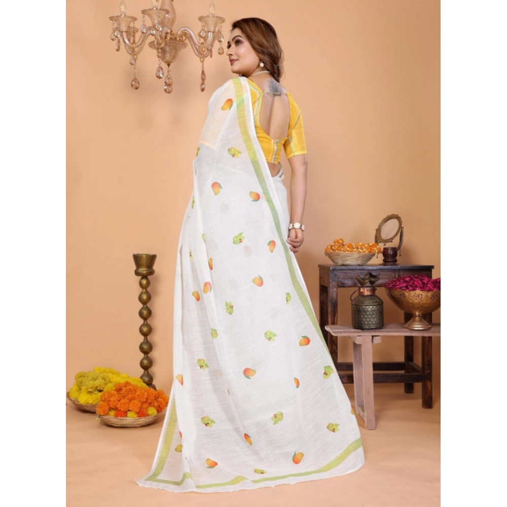 Generic Women's Linen Cotton Printed Saree With Unstitched Blouse 5.5Mtr (White) - Image 4