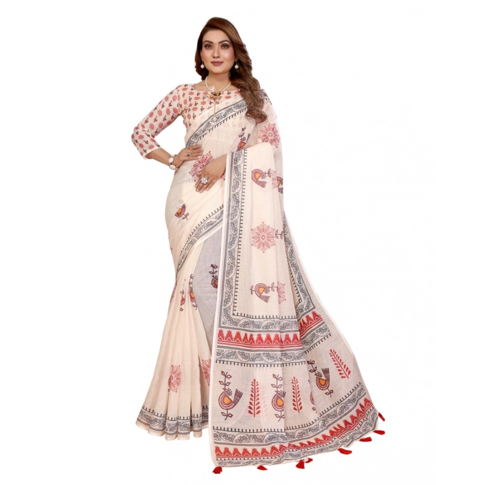 Generic Women's Linen Cotton Printed Saree With Unstitched Blouse 5.5Mtr (Off White) - Image 6