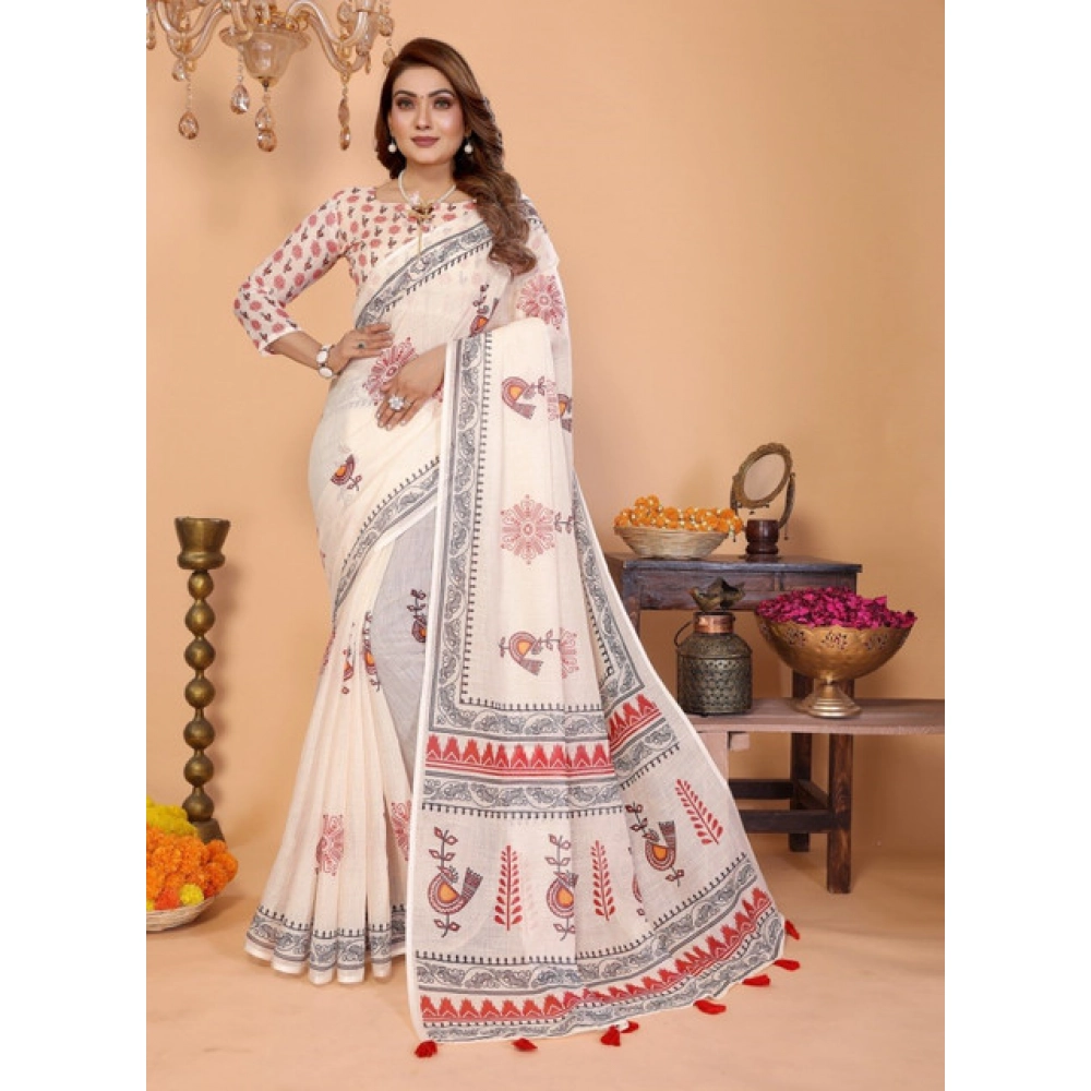 Generic Women's Linen Cotton Printed Saree With Unstitched Blouse 5.5Mtr (Off White) - Image 2
