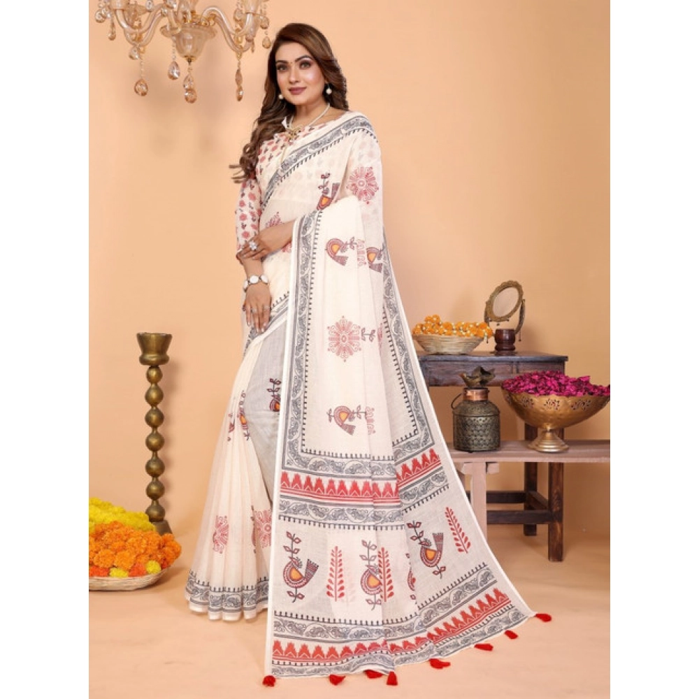 Generic Women's Linen Cotton Printed Saree With Unstitched Blouse 5.5Mtr (Off White) - Image 5