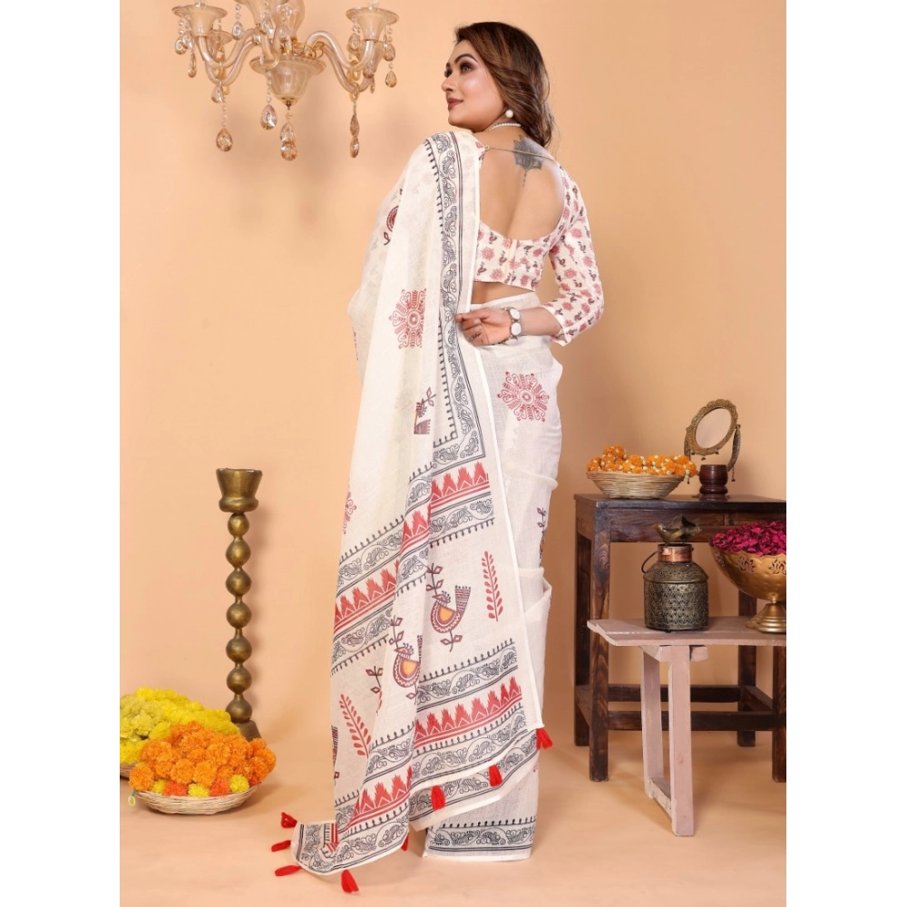Generic Women's Linen Cotton Printed Saree With Unstitched Blouse 5.5Mtr (Off White) - Image 4