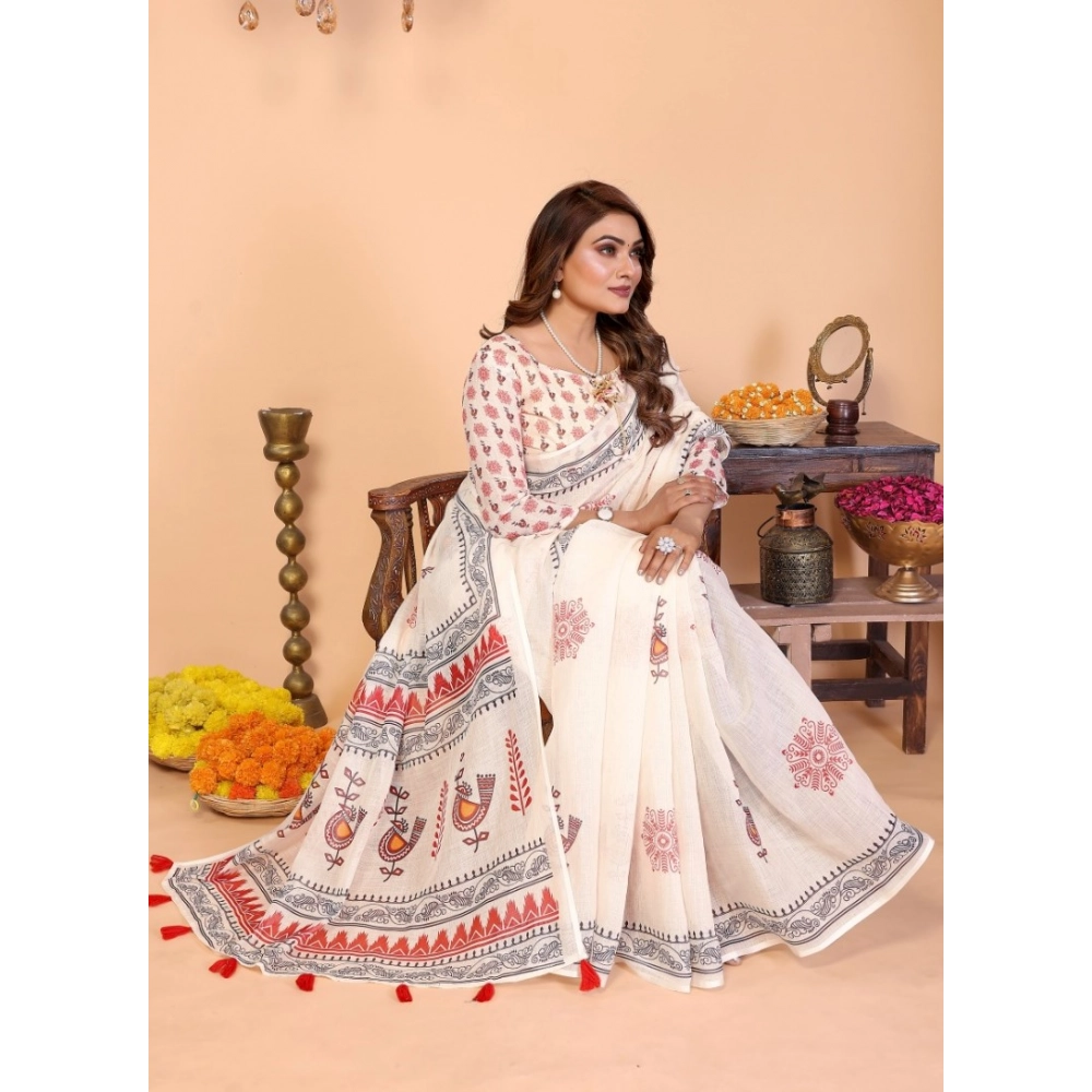 Generic Women's Linen Cotton Printed Saree With Unstitched Blouse 5.5Mtr (Off White) - Image 3