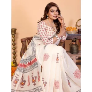 Generic Women's Linen Cotton Printed Saree With Unstitched Blouse 5.5Mtr (Off White)