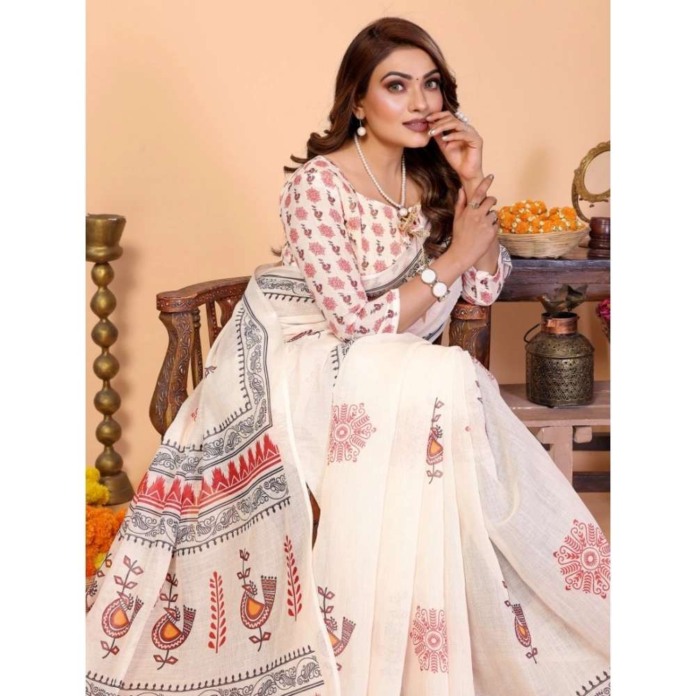 Generic Women's Linen Cotton Printed Saree With Unstitched Blouse 5.5Mtr (Off White)