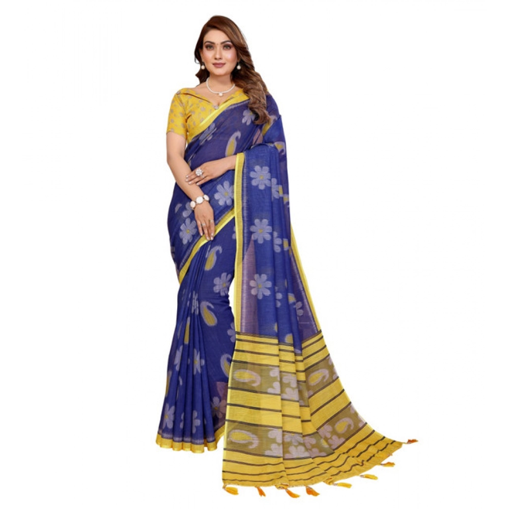Generic Women's Linen Cotton Printed Saree With Unstitched Blouse 5.5Mtr (Blue) - Image 6
