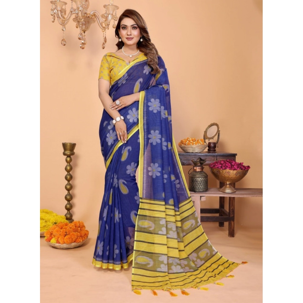 Generic Women's Linen Cotton Printed Saree With Unstitched Blouse 5.5Mtr (Blue) - Image 2