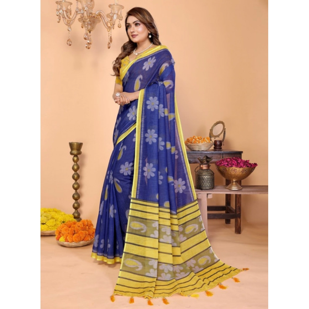 Generic Women's Linen Cotton Printed Saree With Unstitched Blouse 5.5Mtr (Blue) - Image 5