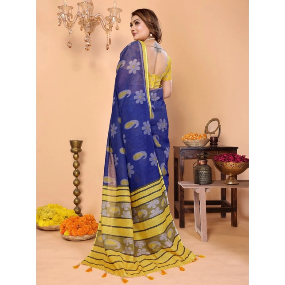 Generic Women's Linen Cotton Printed Saree With Unstitched Blouse 5.5Mtr (Blue) - Image 4