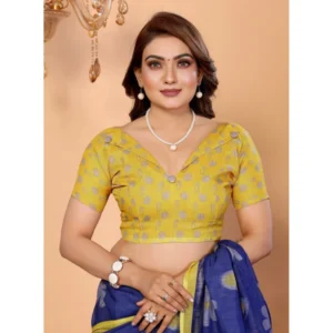 Generic Women's Linen Cotton Printed Saree With Unstitched Blouse 5.5Mtr (Blue)