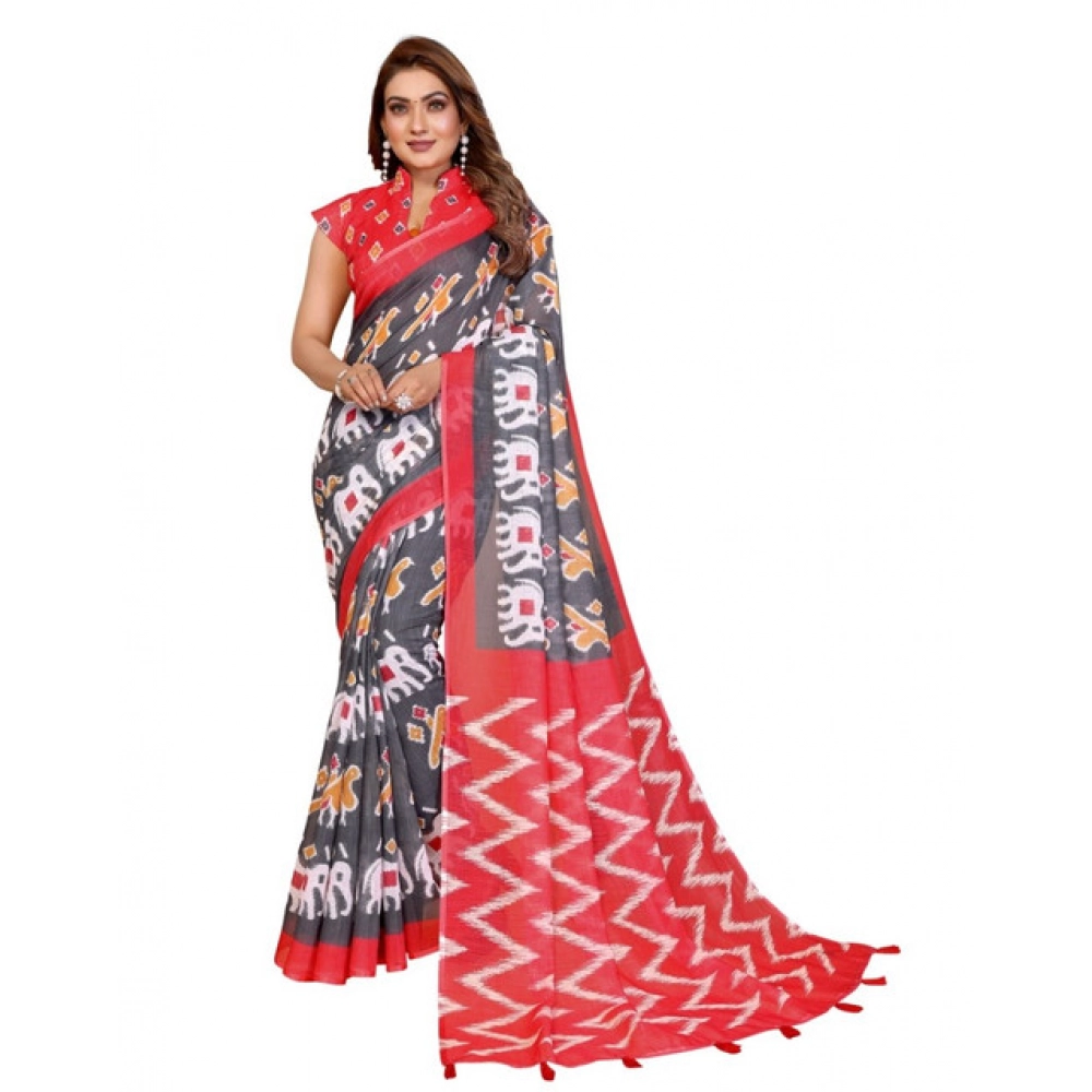 Generic Women's Linen Cotton Printed Saree With Unstitched Blouse 5.5Mtr (Grey) - Image 6